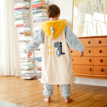 Childrens coral velvet pajamas autumn and winter boys flannel boy home clothing set thick middle-child shape long