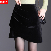 Skirt Women Autumn and Winter Velvet 2021 Design Sense New High Waist Skirt Short Skirt Temperament Dress Small Black Skirt