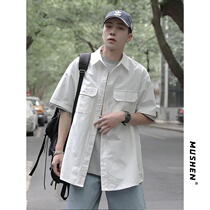 Hong Kong Boomer Short Sleeve Shirt Male Casual Port Wind Day System Tooling Lining Jacket Korean Version Free Of Hot Trend Pure Color