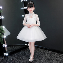  Girls  dresses High-end catwalk Birthday flower girl girls host childrens white princess dress puffy yarn Western style long-sleeved