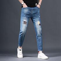 Hong Kong summer thin blue hole nine-point jeans mens slim feet personality trend Joker mens pants