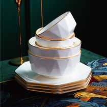 Nordic bone china dishes set White simple Jingdezhen ceramic tableware light luxury Gilt Home set Bowl combination