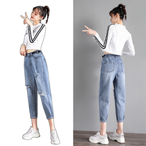 Spring new jeans womens hole tide loose high waist spring pants small man high skinny radish old pants