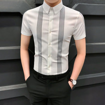 Vertical Stripe Short Sleeve Shirt Male Summer Thin style Korean version Trend Tailor-made Business Casual High-end free hot men lining clothes