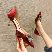 Pointy Temperament Single Shoe Woman Summer 100 Hitch Red Heels Girl 2021 New Wedding Shoes Show and Wedding Dress Two Wear