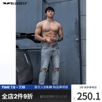 BLUESFLY sports jeans male high play with broken holes casual musculature for mens deep squat fitness long pants small leggings
