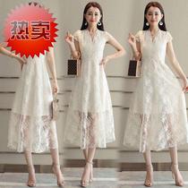 Lace dress long 2020 summer womens new long sleeve a slim temperament solid color v Collar Pop long dress