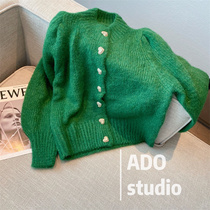 Pure Color Knit Cardiovert 2022 Spring Autumn Season New Loose Green Round Collar Loose short sweater jacket jacket