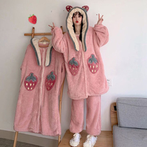 Hairy pajamas womens autumn and winter with a hat night dress nightgown cute strawberry plush home suit set best friend