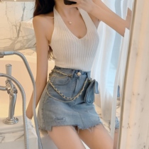 2021 summer new Korean version of the high waist a word thin fashion design hole short hip denim skirt women