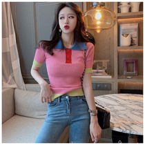 Knitted polo shirt Womens 2021 New Net red color slim short sleeve T-shirt summer thin lapel top