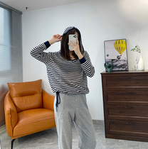 Heavy industry three-dimensional jacquard striped hooded sweater womens lazy thin knitted long-sleeved T-shirt spring and autumn 2021 new