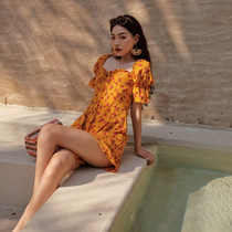  Roca art ins retro printing girls gather conservative thin belly cover hot spring holiday skirt split swimsuit women