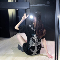 Korean back cross flower Diamond T-shirt women short sleeve ins tide Summer 2020 New loose slim long top