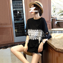 women's black lace half sleeve t-shirt loose large medium long t-shirt european station spring summer 2022 new