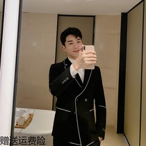 Net red double-breasted blazer mens casual all-match casual mens temperament trend slim small suit two-piece suit