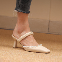 Baotou Half slippers women Summer 2022 new coarse heel sandals outside wearing sandals Mueller shoes rice white High heel shoes