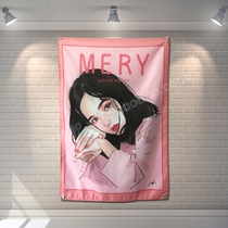 Japanese hand-painted style MERY beautiful girl pink room interior home dormitory decoration hanging cloth wall cloth selfie background