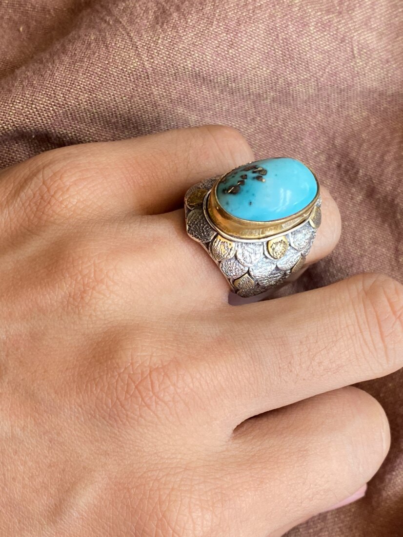 Nepal handmade design mermaid tears seiko custom Iranian blue turquoise natural patch ring