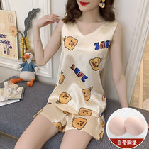 Sleeveless Vest Ice Silk Sleepwear Women Summer Short Sleeves Two Suits Fresher Students Big Code Thin and Exterior Wear
