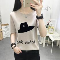 Ice Silk T-shirt Woman Short Sleeve Loose Summer 2022 New Korean version Round collar student Stitch Cardiovert small fresher and thin