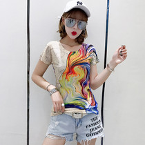 Europe and the United States tide brand 2021 summer new fashion printed T-shirt female personality color ins net red Joker short sleeve jacket