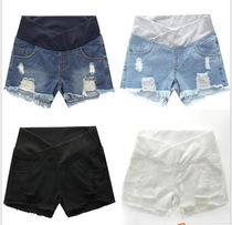 Korean New Fashion pregnant women denim shorts thin spring pregnant women Summer Shorts black and white blue hole low waist