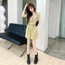 Kaka womens official flagship high street draw waist wear joint pants in summer new skinny leg shorts