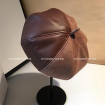 Design autumn and winter deer velvet PU splicing beret female British retro fashion Japanese round face octagonal hat tide tide