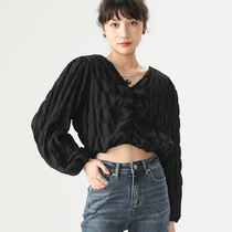 Fa-style Retro Loose Casual Short V-collar blouses 2021 Fall new lanterns Long sleeves women