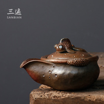 Three times Japanese wood-fired treasure bottle teapot Handmade coarse pottery hand-caught pot Fish pot Cover bowl Kung Fu Tea set Tea maker