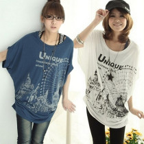 Korean large size womens fat sister loose thin print T-shirt summer short sleeve bat shirt top casual cotton T-shirt