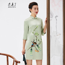 Mu Zhenli improved Cheongsam dress New peacock peony flower embroidery fashion banquet lady short dress 102