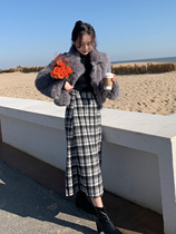 SYT classic vintage vintage black and white plaid skirt women winter Joker high waist slim Medium-length dress