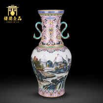 Jingdezhen porcelain Pastel twined branches landscape binaural flower arrangement vase Chinese living room home decoration collection ornaments