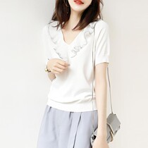 Foreign style design sense wooden ear ice and linen short sleeve t-shirt womens summer new mesh fashion slim knitwear shirt top