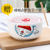 Small single bowl cute lunch box Instant noodles special microwave oven round set Ceramic heated chopstick bowl with lid