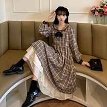 Autumn Winter Gentle Breeze Style Sweetness Long Sleeve Plaid With Dress Woman Dolls Collar Cashew Slim Temperament Long Skirt