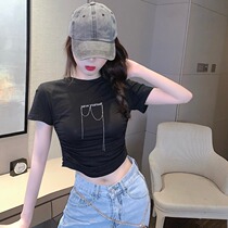 celine pianna2021 new black short sleeve T-shirt female summer Han version swarm with high waist short and short