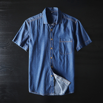 Foreign trade export tail single denim shirt mens short-sleeved thin section pure cotton original single cut label cattle goods summer half-sleeve shirt