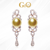 GiO jewelry Nanyang sea water Gold pearl earrings thick golden round flawless natural diamond inlaid elegant earrings