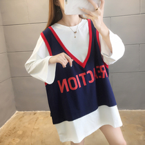 Fat super large size pregnant womens sweater spring and autumn fashion fake two loose long T-shirt shirt fat MM200 kg