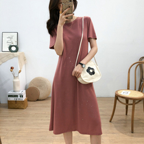 South Korea early spring sequin round neck short sleeve dress womens summer Korean version of loose slim medium long T-shirt skirt ins tide