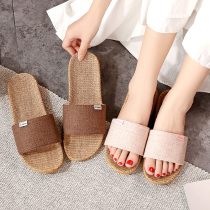 Linen slippers summer home men and women Summer couples home thick-soled non-slip indoor slippers Women summer slippers men