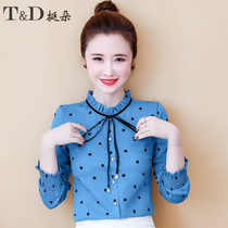 Spring dress polo chiffon shirt 2021 autumn winter New loose lace base shirt with long sleeve shirt