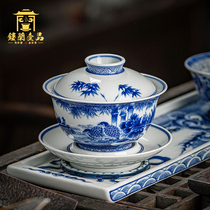 Jingdezhen ceramic blue and white chai Kiln Flower and bird three-cai cover bowl Single teacup large household tea bowl Kung Fu tea set