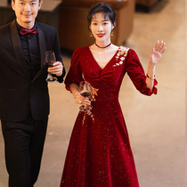 Toast service bride dress thin 2021 new autumn winter wine red wedding engagement banquet temperament return dress female