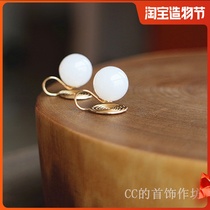 Warm and Tian white jade ear clip new CC jewelry workshop original exquisite handmade mosquito coil plate earrings