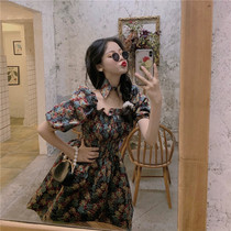 Bubble sleeve vintage floral dress female summer 2021 new waist puffy dress French temperament tea break princess dress