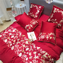 Great red festive 60 Egyptian cotton tribute satin embroidery cotton cotton four-piece double quilt cover bed sheets bedding